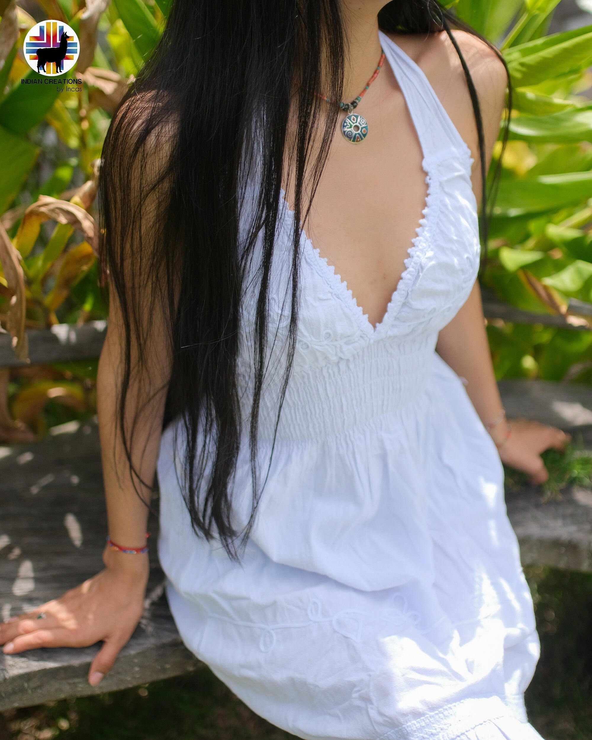 Hand-stitched Cotton Dress (Lily of the Valley in White). Bohemian Style. Super Comfortable and Machine Washable. One Size. FREE SHIPPING!