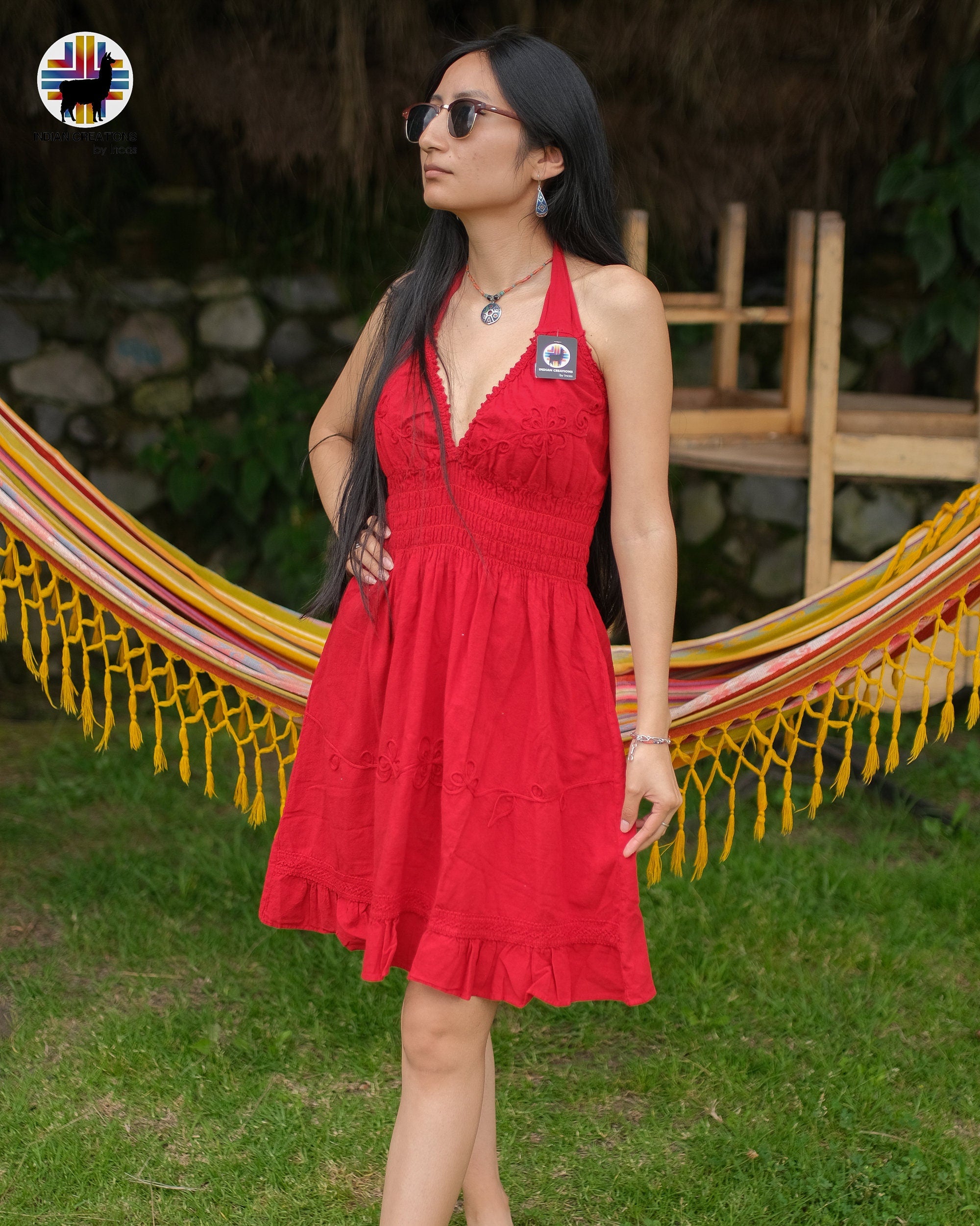 Hand-stitched Cotton Dress (Lily of the Valley in Red)Bohemian Style. Super Comfortable and Machine Washable.  San Valentine Gift Ideas