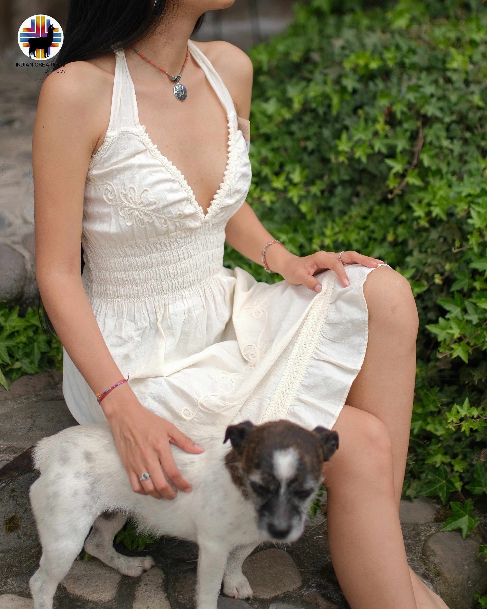 Hand-stitched Cotton Dress (Lily of the Valley). Bohemian Style. Super Comfortable and Machine Washable. One Size. FREE SHIPPING!