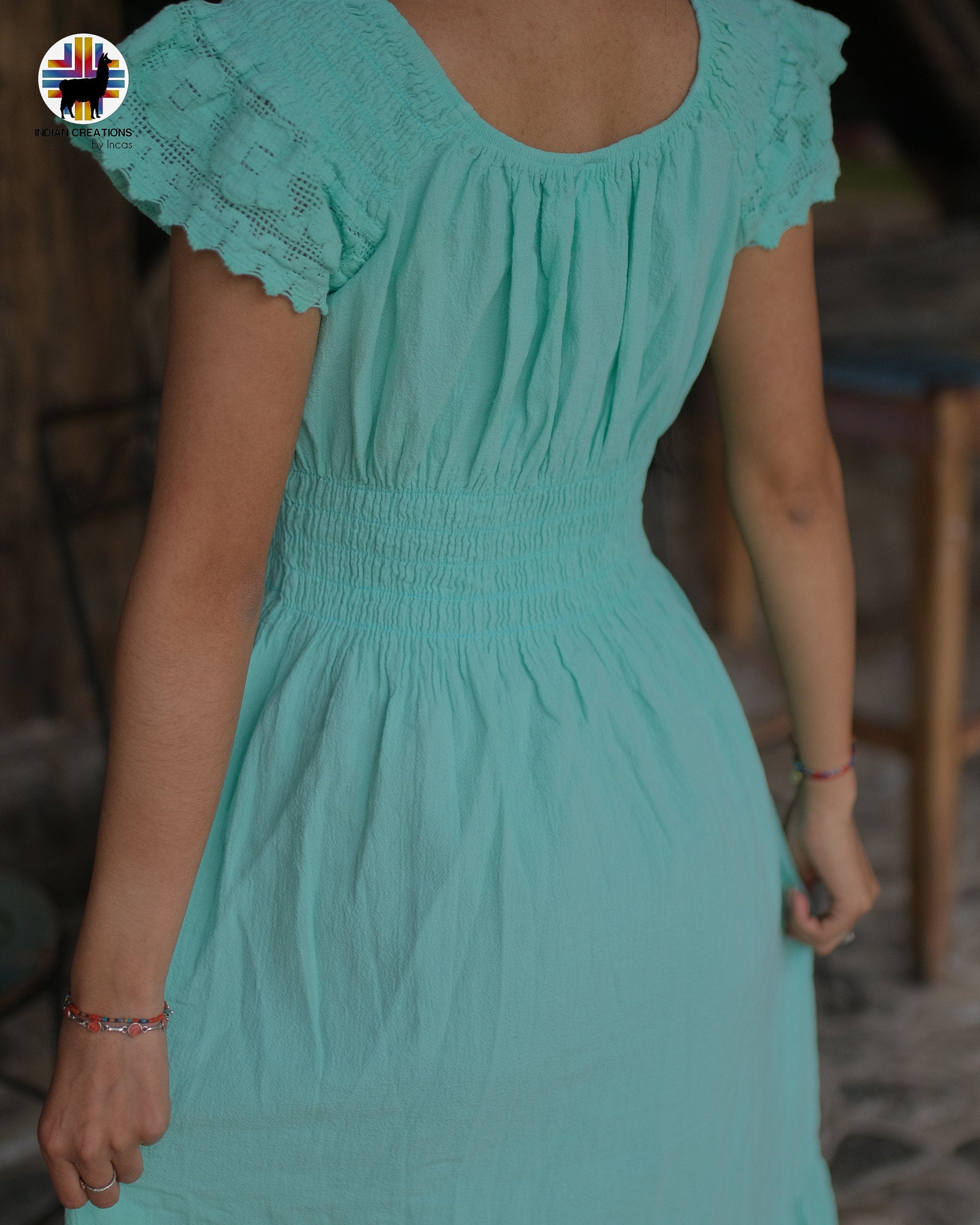 Hand-stitched Cotton Dress (Resplendent Quetzal) Bohemian Style. Super Indian Creations Corp Hand-stitched Cotton Dress (Resplendent Quetzal) Bohemian Style. Super Indian Creations Corp