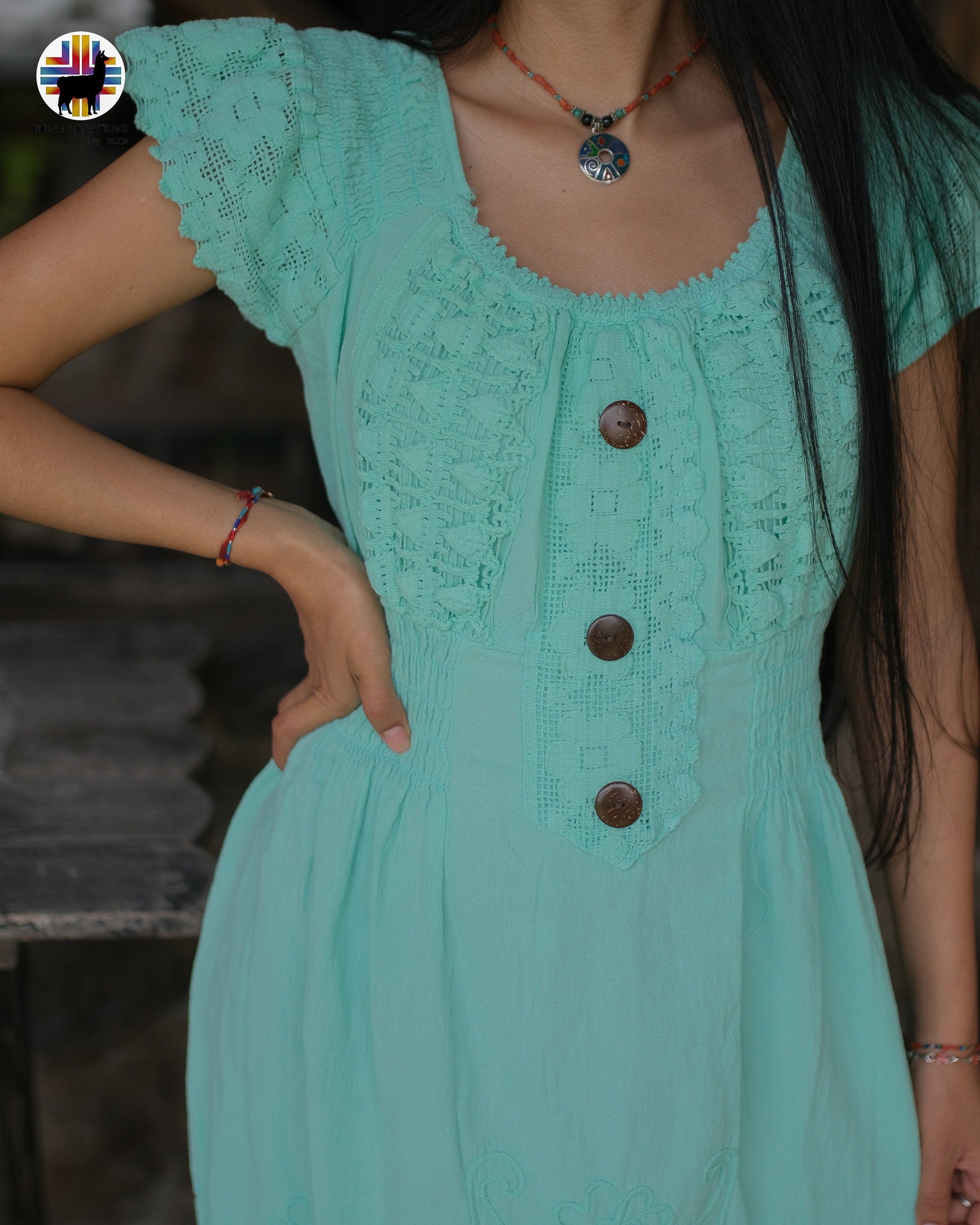 Hand-stitched Cotton Dress (Resplendent Quetzal) Bohemian Style. Super Comfortable and Machine Washable. One Size. FREE SHIPPING! Gift Ideas