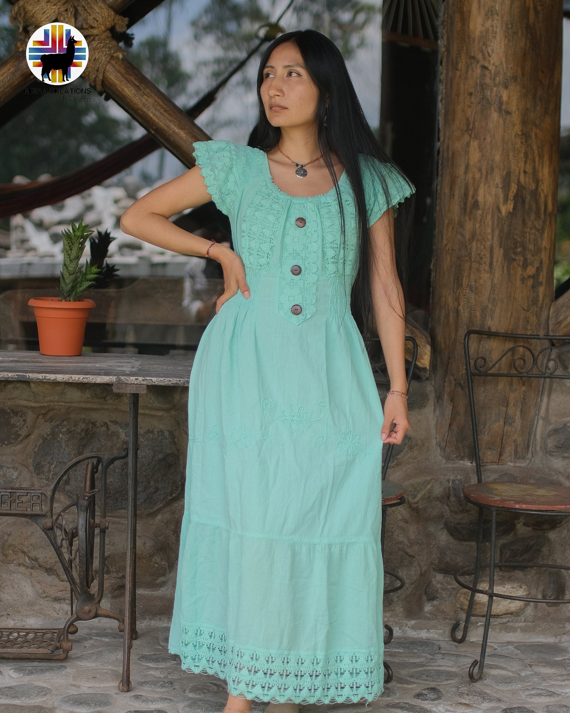 Hand-stitched Cotton Dress (Resplendent Quetzal) Bohemian Style. Super Comfortable and Machine Washable. One Size. FREE SHIPPING! Gift Ideas