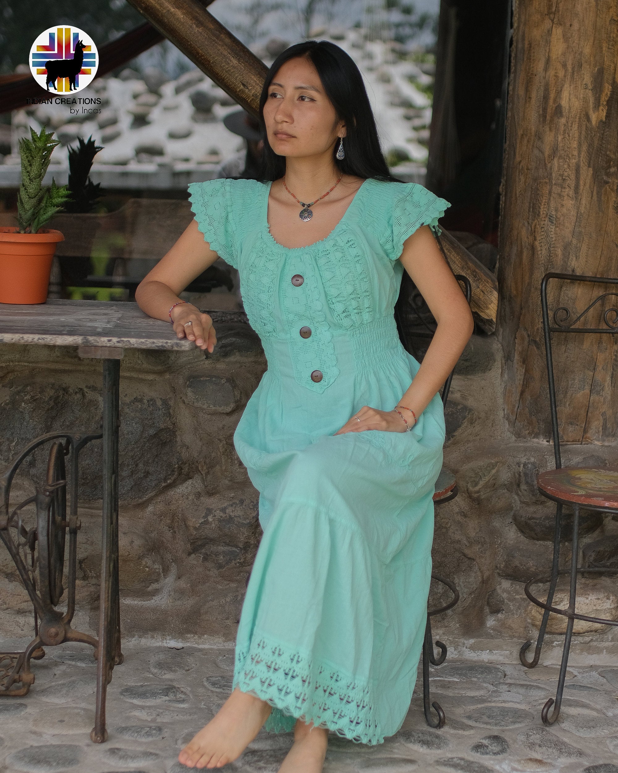 Hand-stitched Cotton Dress (Resplendent Quetzal) Bohemian Style. Super Comfortable and Machine Washable. One Size. FREE SHIPPING! Gift Ideas