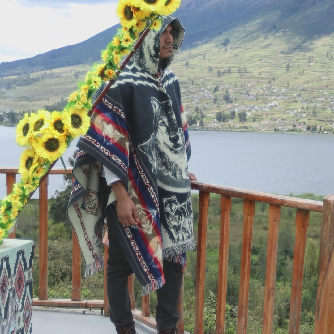 Wolf Faces Alpaca Wool Poncho Handcrafted by Indigenous Hands.