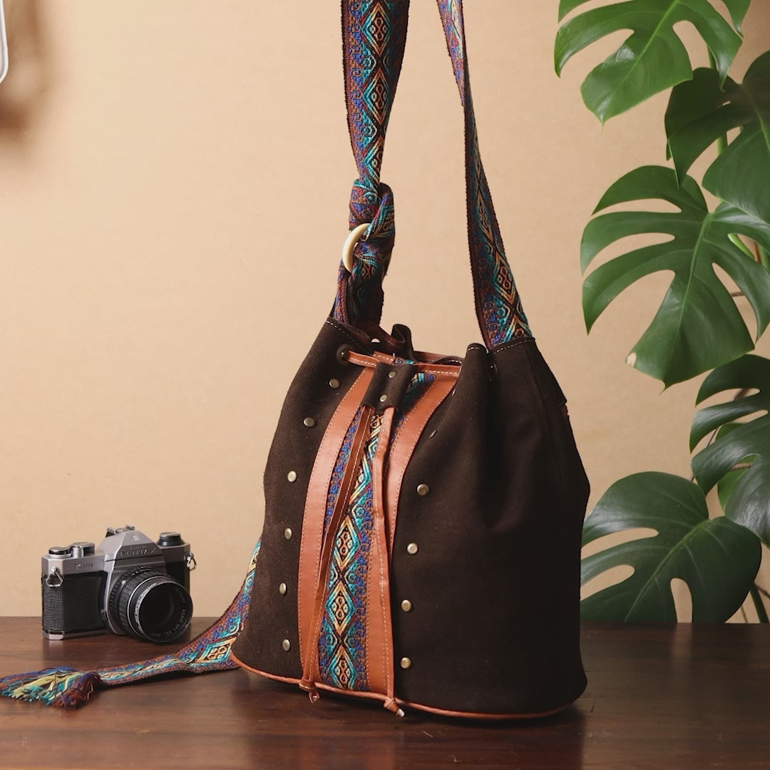 Unique Suede Leather Shoulder Bag. Handcrafted by Indigenous Hands. Lightweight Bucket Bag. Hippie & Bohemian Style. FREE SHIPPING!
