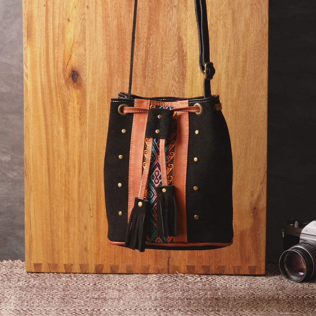 Mini Suede Leather Shoulder Bag. Handcrafted by Indigenous Hands. Lightweight Bucket Bag. Hippie & Bohemian Style. FREE SHIPPING!
