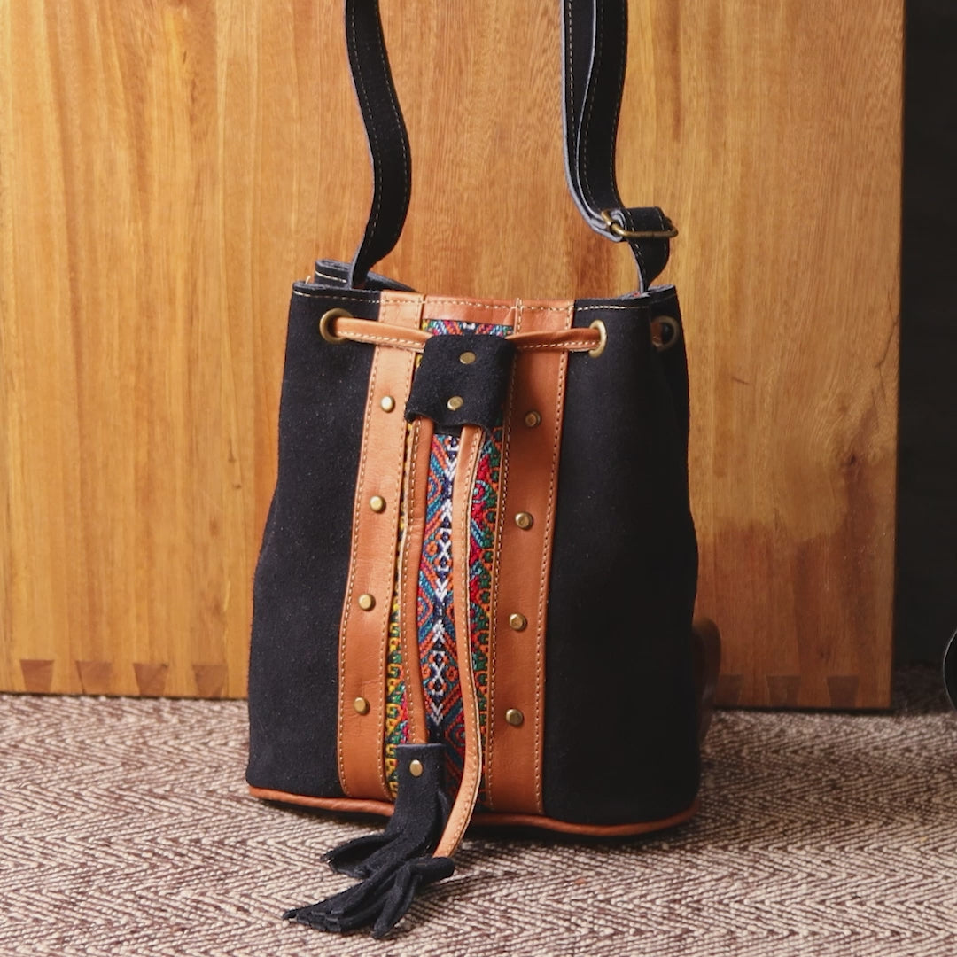 Mini Suede Leather Shoulder Bag. Handcrafted by Indigenous Hands. Lightweight Bucket Bag. Hippie & Bohemian Style. FREE SHIPPING!