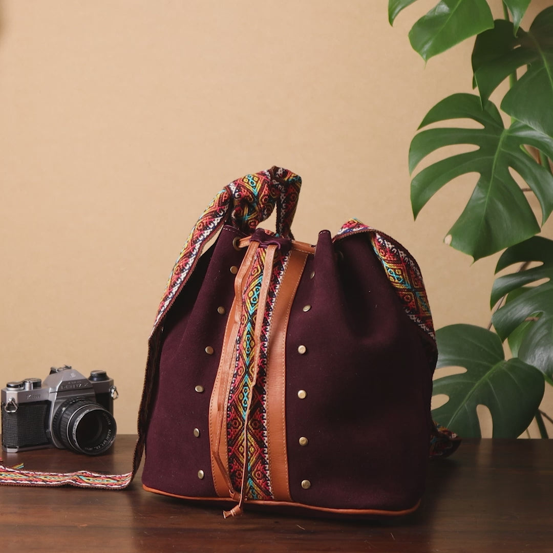 Unique Suede Leather Shoulder Bag. Handcrafted by Indigenous Hands. Lightweight Bucket Bag. Hippie & Bohemian Style. FREE SHIPPING!