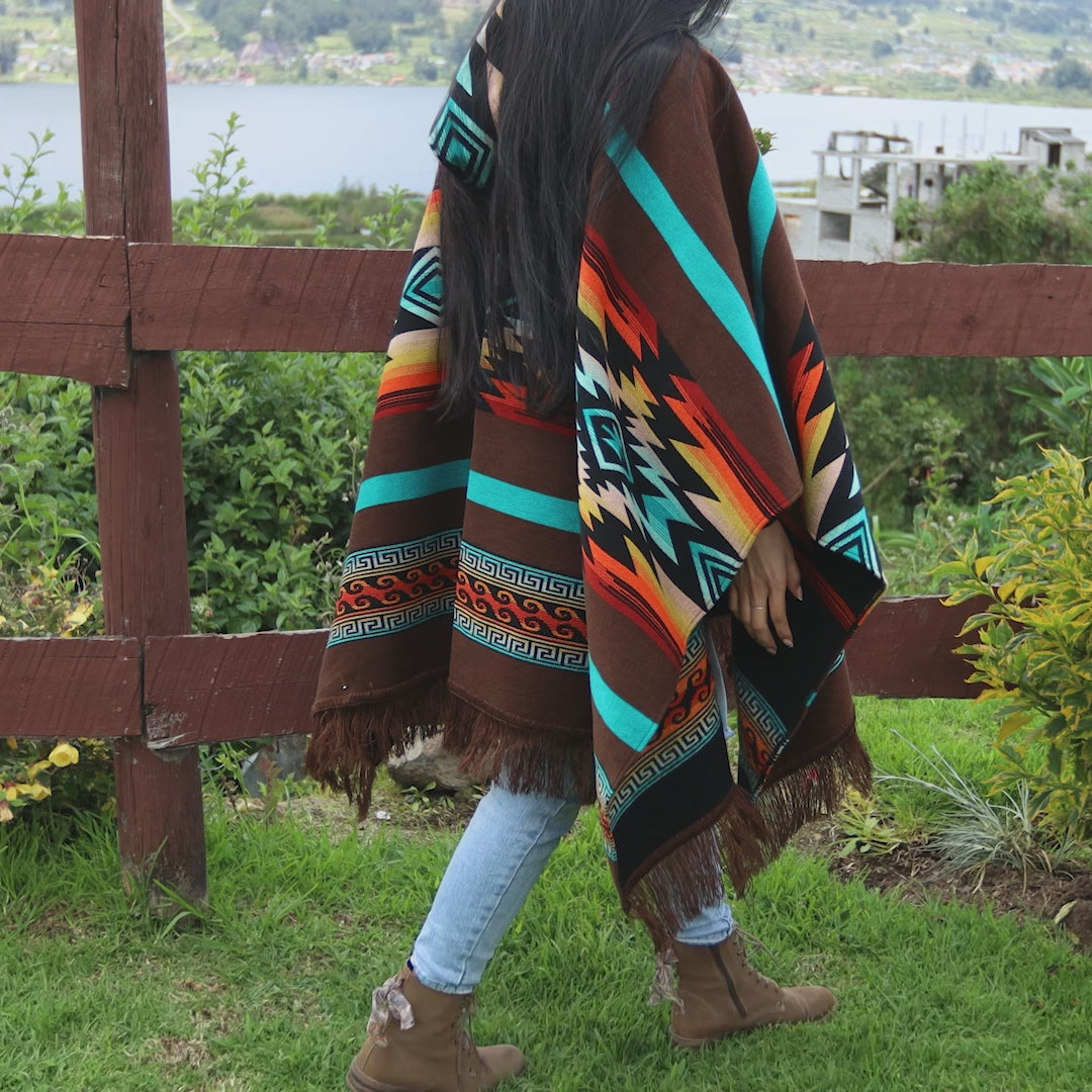 Brown Sunset Alpaca Wool Poncho Handcrafted by Indigenous Hands.